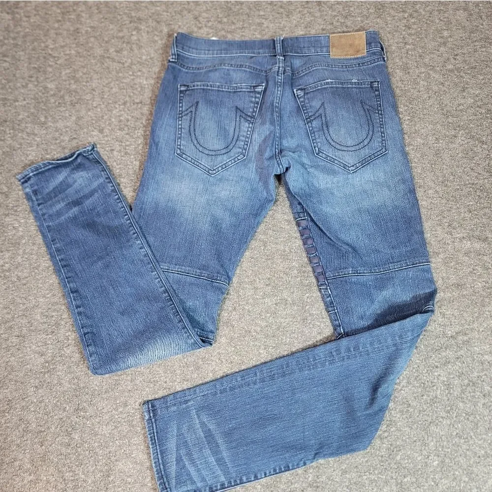 True Religion Rocco Relaxed Skinny Moto Jeans Men 30 Blue Stretch Biker Denim .